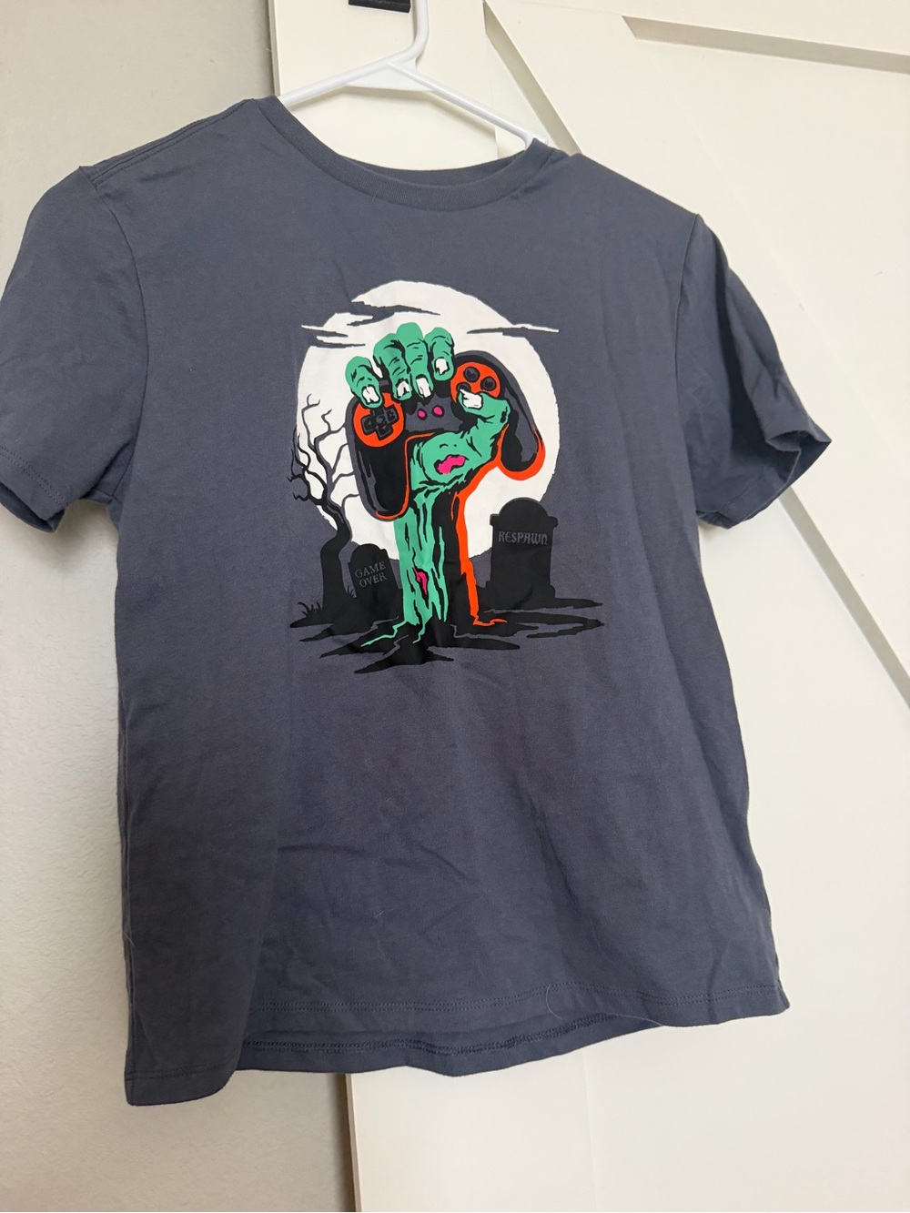Zombie Hand Gaming Graphic Tee - Gray with Neon Green & Orange